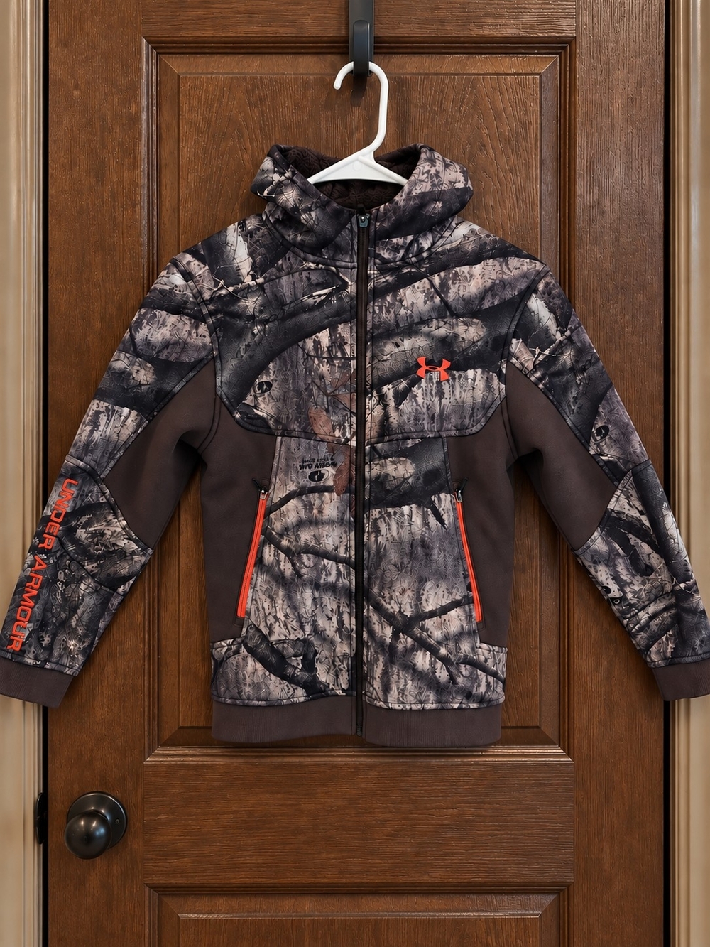 Storm Kids' Brown and Gray Camo Hoodie with Orange Accents